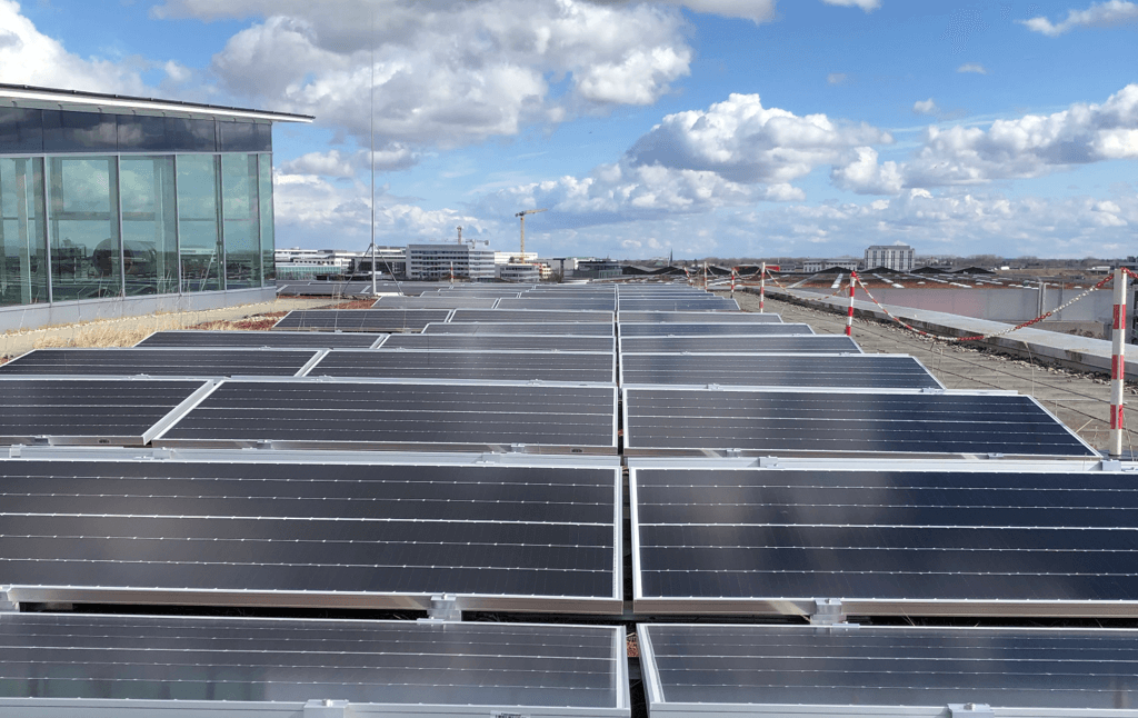 Photovoltaic system on the roof of the Zeppelin headquarters in Garching near Munich